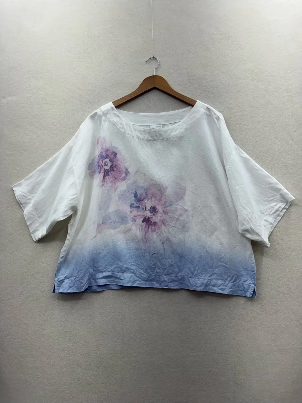 Pure Jill Linen Blouse Women’s Large Floral Watercolor Purple Boxy Top Boho - Picture 1 of 6